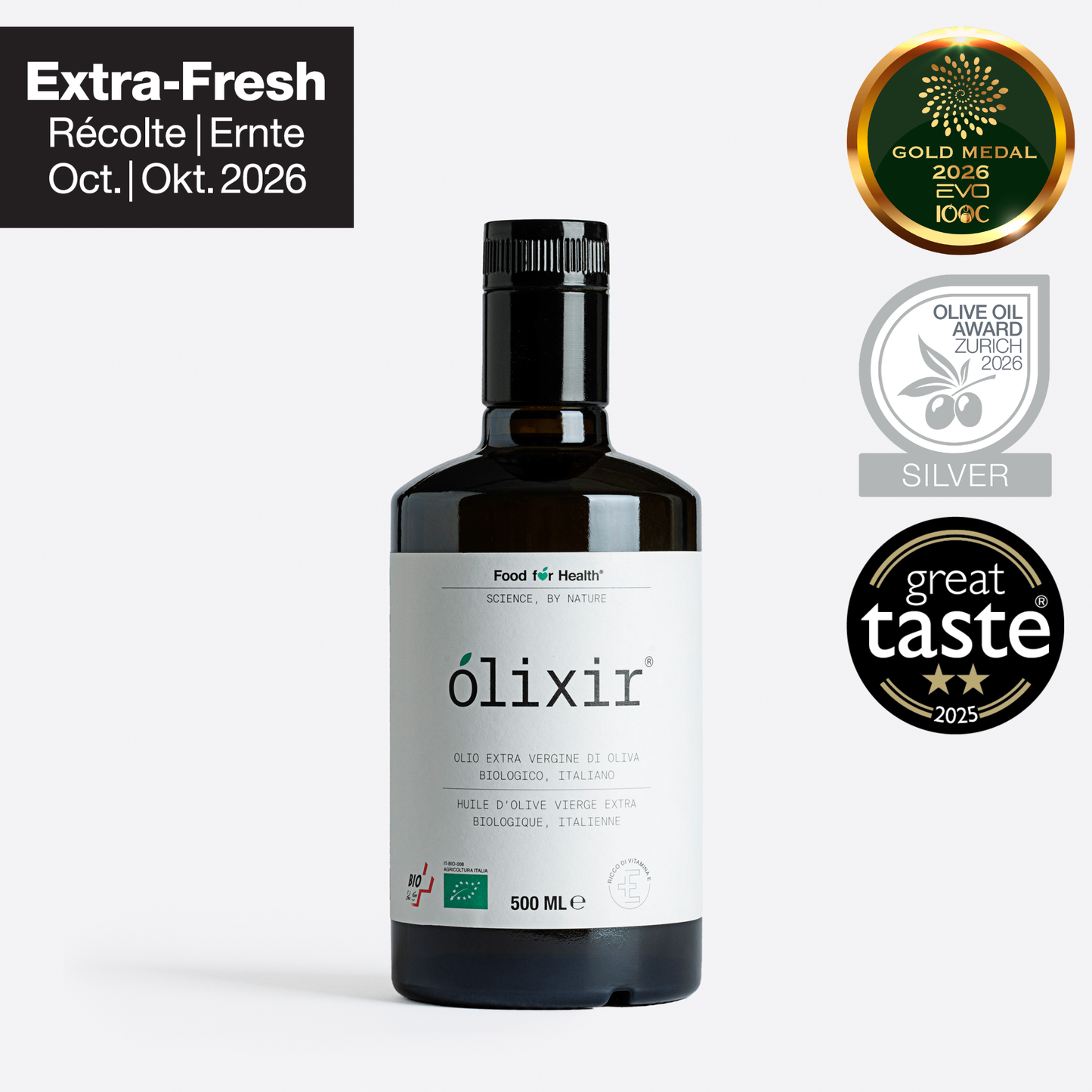 olixir® Huile d'Olive Vierge Extra BIO - Récolte 2026 | Bouteille