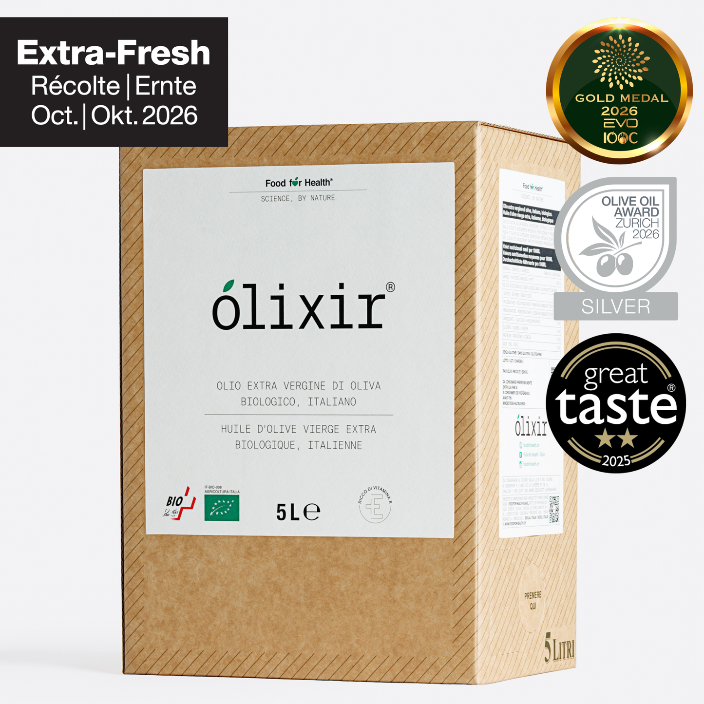 Olio extravergine di oliva biologico olixir® - Raccolto 2026 | Sistema domestico