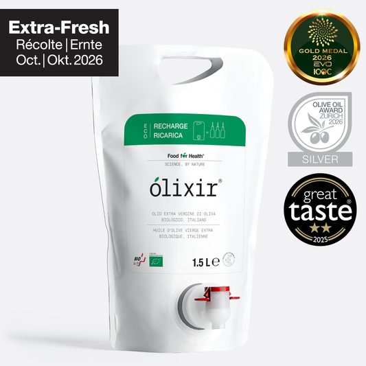olixir® Huile d'Olive Vierge Extra BIO - Récolte 2026 | Eco-Recharge 1,5L